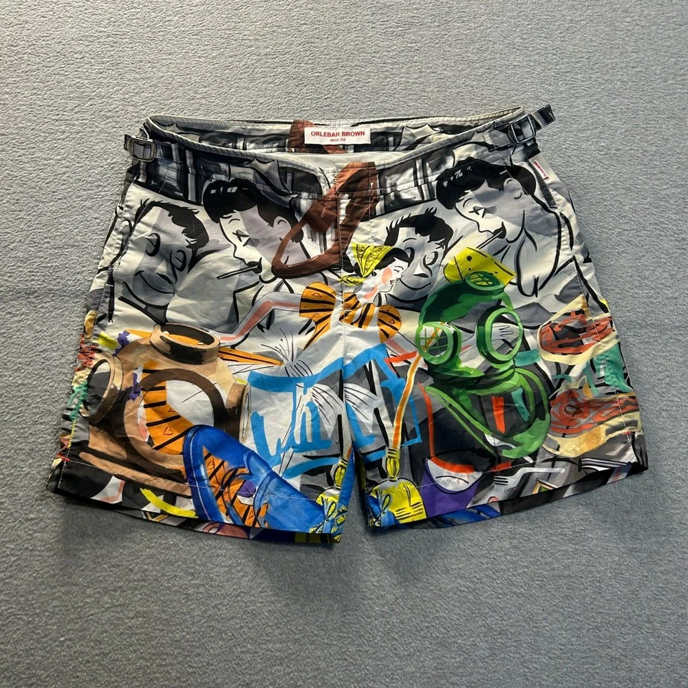 Orlebar Graphic Swim Trunks Brown Mens Size 32 Multicolor Swim Shorts Portugal
